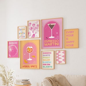 Bar Cart Gallery Wall | Digital Art Download | 10 Printables | Cute Pink Orange Dorm Room Art | Trendy Gallery Wall Art | Cocktail Prints