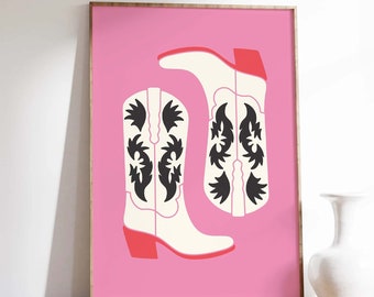 Cowgirl Boots Print | Digital Art Download | Cute Pink Red Western Print | Retro Wall Art | Trendy Maximalist Wall Art | College Dorm Decor
