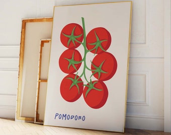 May include: A white canvas print with a cluster of red tomatoes on a green vine. The text "POMODORO" is written in blue at the bottom of the print.