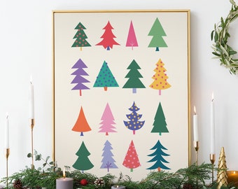 Colorful Christmas Trees Print, Digital Art Download, Modern Christmas Decor, Cute Holiday Wall Art, Trendy Christmas Art Print