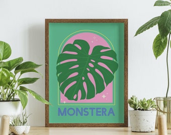 Monstera House Plant Print | Digital Art Download | Abstract Green Monstera Leaf Printable Modern Art Poster | Cute Trendy Wall Art