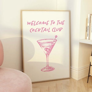 Cocktail Club Print | Digital Art Download | Cute Pink Bar Car Print | Neutral Cocktail Bar Printable Art | Trendy Kitchen Wall Art