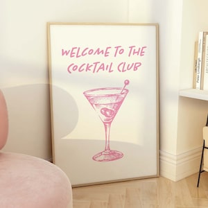 Cocktail Club Print | Digital Art Download | Cute Pink Bar Car Print | Neutral Cocktail Bar Printable Art | Trendy Kitchen Wall Art