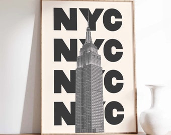 New York City Empire State Building Travel Print | Digital Art Download | Black and White Neutral NYC Travel Exhibition Print