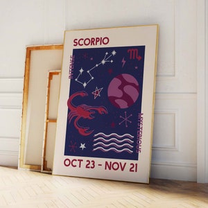 Impression du zodiaque Scorpion | Téléchargement d&#39;art numérique | Poster d&#39;astrologie à la mode | Art mural rétro bleu | Impression d&#39;art signe astrologique | Jolie oeuvre d&#39;art murale tendance