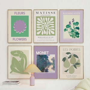 Set of 6 Purple and Green Gallery Wall | Digital Art Download | Boho Matisse Printable Art | Trendy Gallery Wall Art