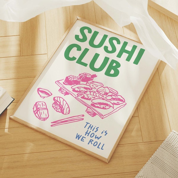 Sushi Club Print | Digital Art Download | Pink Green Kitchen Food Decor | Retro Japanese Sushi Art Poster | Cute Trendy Wall Art