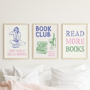 Buchliebhaber Wand Kunst Set, digitale Kunst Download, 3er-Set, Buchclub Dekor, trendige Lese Poster, Geschenk für Buchliebhaber, Bibliothek Wandkunst