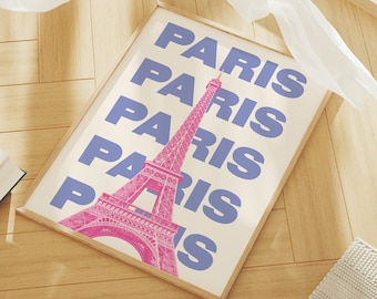 Stampa di viaggio a Parigi, Francia / Download di arte digitale / Stampa della mostra di viaggio della Torre Eiffel rosa e blu / Arte murale carina e alla moda