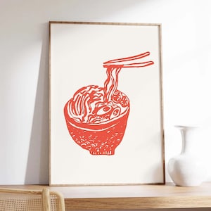 Ramen Sketch Print | Digital Art Download | Red Kitchen Decor | Retro Asian Noodles Art Poster | Cute Trendy Wall Art | Foodie Wall Art