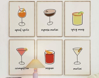 Handdrawn Cocktail Prints Gallery Wall, Digital Download, Trendy Bar Cart Decor, 6 Cocktail Prints, Kitchen Wall Art