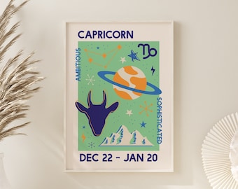 Capricorn Zodiac Print | Digital Art Download | Trendy Astrology Poster | Green Retro Wall Art | Star Sign Art Print | Cute Trendy Wall Art