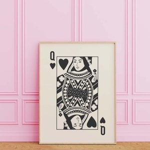 Stampa Regina di Cuori / Download arte digitale / Stampa di carte nere carine / Arte da parete retrò / Arte di carte da gioco alla moda