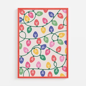Weihnachtsbeleuchtung Druck, digitale Kunst Download, niedliche bunte Weihnachtsdekor, Boho Urlaub Wandkunst, trendige Weihnachtskunst Kunstdruck