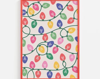 Christmas Lights Print, Digital Art Download, Cute Colorful Christmas Decor, Boho Holiday Wall Art, Trendy Christmas Art Print
