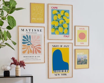 Set of 6 Yellow Print Gallery Wall | Digital Art Download | Boho Matisse Printable Art | Trendy Gallery Wall Art | Cute Yellow Art Prints