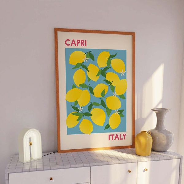 Lemons Capri Italy Print | Digital Art Download | Lemon Fruit Market Printable Wall Art | Blue and Yellow Kitchen Art | Cute Trendy Wall Art