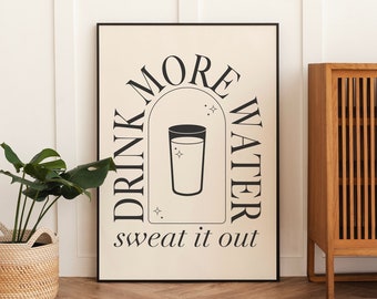 Drink More Water Print | Digital Art Download | Positive Inspirational Quote Wall Art | Neutral Boho Dorm Poster | Black and White Wall Art