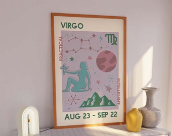 Virgo Zodiac Print | Digital Art Download | Trendy Astrology Poster | Purple Retro Wall Art | Star Sign Art Print | Cute Trendy Wall Art