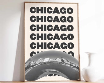 Chicago Travel Print | Digital Art Download | Black and White Neutral Chicago Bean Travel Exhibition Print | Cute Trendy Wall Art