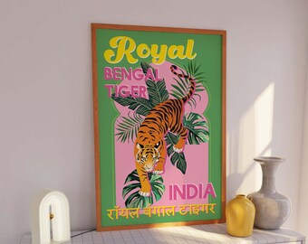 Stampa Tiger India / Download arte digitale / Arte stampabile tigre del Bengala rosa e verde / Arte da parete giungla tropicale / Arte da parete carina e alla moda