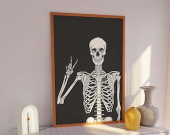 Impression squelette | Téléchargement d'art numérique | Jolie décoration murale noire d'Halloween | Art mural d'Halloween tendance | Affiche de la saison effrayante