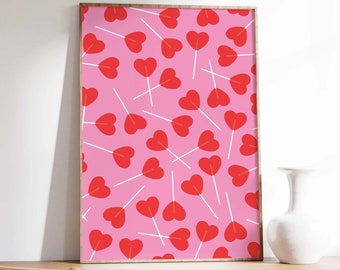 Heart Lollipop Print | Digital Art Download | Cute Valentine's Decor | Heart Candy Wall Art | Trendy Red Pink Art Print