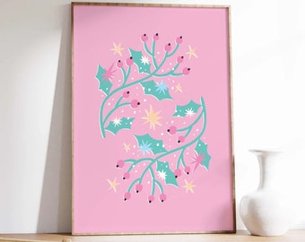 Pastel Christmas Holly Print | Digital Art Download | Cute Pink Christmas Decor | Boho Holiday Wall Art | Trendy Christmas Art Print