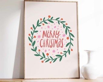Merry Christmas Print | Digital Art Download | Cute Christmas Decor | Boho Holiday Wall Art | Christmas Wreath Print