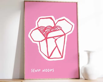 Send Noods Print | Digital Art Download | Pink Kitchen Decor | Cute Asian Noodles Art Print | Trendy Wall Art | Take Out Art Print