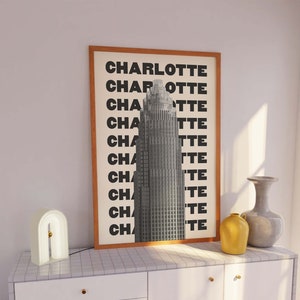 Charlotte Travel Print | Digital Art Download | Black and White Neutral Charlotte North Carolina Travel Print | Cute Trendy Wall Art