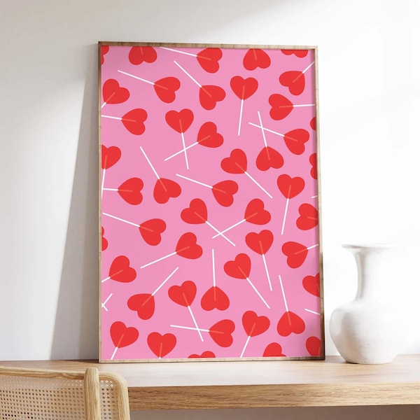 Heart Lollipop Print | Digital Art Download | Cute Valentine's Decor | Heart Candy Wall Art | Trendy Red Pink Art Print