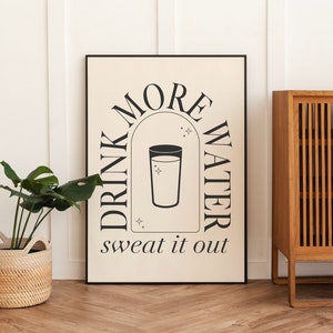 Drink More Water Print | Digital Art Download | Positive Inspirational Quote Wall Art | Neutral Boho Dorm Poster | Black and White Wall Art