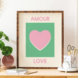 Amour Love Print | Digital Art Download | Pink and Green Heart Printable Wall Art | Cute Trendy Wall Art