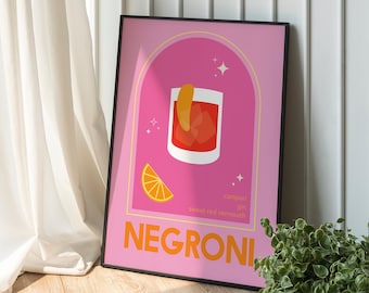 Negroni Cocktail Print | Digital Art Download | Cute Pink Orange Bar Decor | Negroni Cocktail Printable Wall Art | Pink Kitchen Wall Art