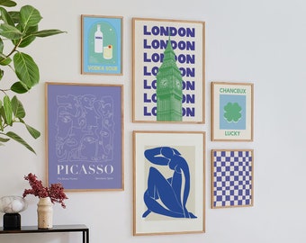 Set of 6 Green and Blue Print Gallery Wall | Digital Art Download | Cute Printable Art | Trendy Gallery Wall Art