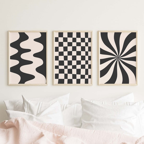 Set of 3 Black and White Abstract Prints | Digital Art Download | Trendy Checkered Print | 70s Retro Printable Art | Cute Trendy Wall Art