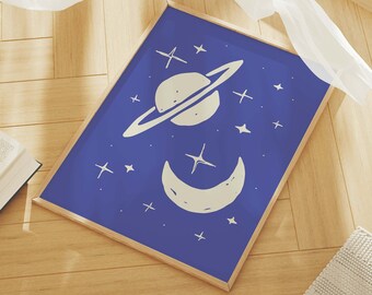 Outer Space Print | Digital Art Download | Cute Stars and Planets Art Print | Blue Wall Art | Boho Space Printable