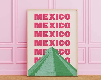 Mexico reisprint | Digitale kunst downloaden | Roze groene Mexicaanse Azteekse reistentoonstelling print | Leuke trendy kunst aan de muur