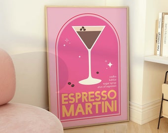 Espresso Martini Cocktail Print, Digital Art Download, Cute Pink Coffee Cocktail Bar Printable Art, Pink Kitchen Wall Art