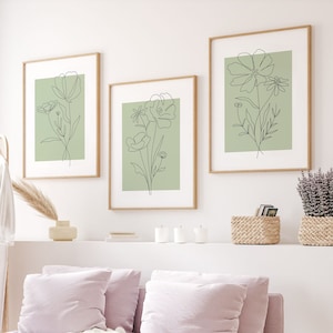 Set of 3 Green Art Prints | Digital Art Download | Floral Botanical Line Art | Minimalist Bedroom Living Room Wall Decor | Trendy Wall Art