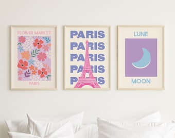 Set of 3 Paris Print Set | Digital Art Download | Purple and Pink Flower Market Printable Wall Art | Cute Trendy Wall Art