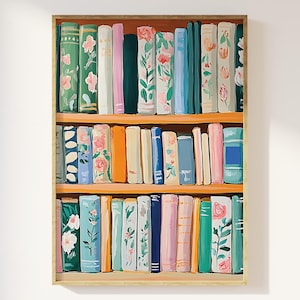 Könnte beinhalten: Ein Gemälde eines Bücherregals, das mit bunten Büchern gefüllt ist. Die Bücher haben florale Muster und sind symmetrisch angeordnet. Das Bücherregal ist aus Holz und hat eine hellbraune Oberfläche.