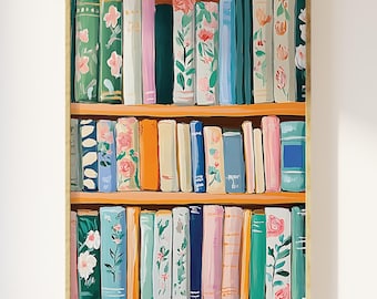 Impression colorée sur une étagère, téléchargement d'art numérique, jolie déco de club de lecture, affiche de lecture tendance, art mural pastel amateur de livres, impression coin lecture