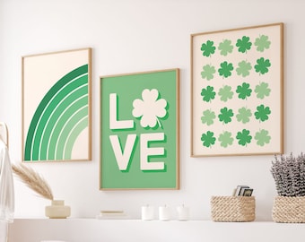 Set med 3 tavelväggar med St. Patrick's Day-motiv | Digital konstnedladdning | Grönt treklövertryck | Söt väggdekoration för högtider | Irländsk väggkonst