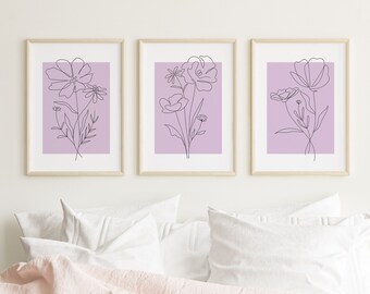 Set of 3 Purple Art Prints | Digital Art Download | Floral Botanical Line Art | Minimalist Bedroom Living Room Wall Decor | Trendy Wall Art