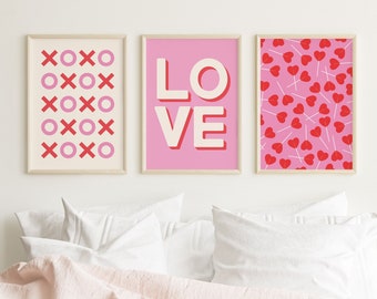 Set of 3 Valentine's Day Gallery Wall | Digital Art Download | Cute Pink Red Prints | Retro Wall Art | Trendy Valentine's Decor