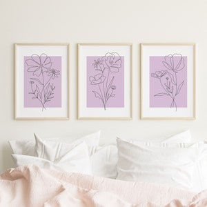Set of 3 Purple Art Prints | Digital Art Download | Floral Botanical Line Art | Minimalist Bedroom Living Room Wall Decor | Trendy Wall Art