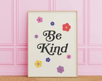 Be Kind Print | Digital Art Download | White Retro Kindness Printable Art | Cute Wall Art | Trendy Art Print