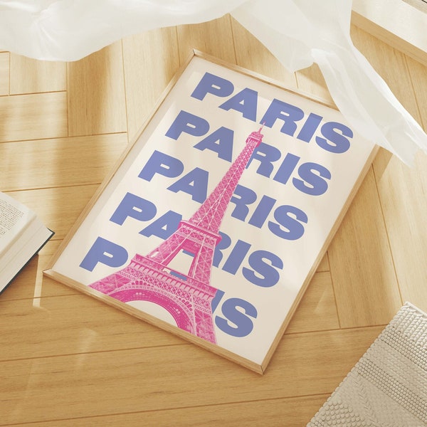 Paris France Travel Print | Digital Art Download | Pink Blue Eiffel Tower Travel Exhibition Print | Cute Trendy Wall Art